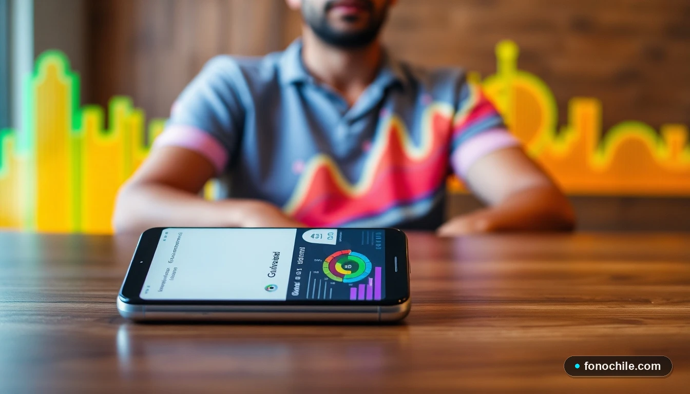 Mapa abstracto de cobertura de red 5G en Chile mostrando intensidad de señal, con un smartphone mostrando un test de velocidad en primer plano.