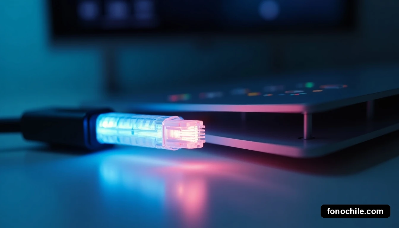 Primer plano del núcleo luminoso de un cable de fibra óptica sobre una superficie limpia, con un router moderno al fondo.