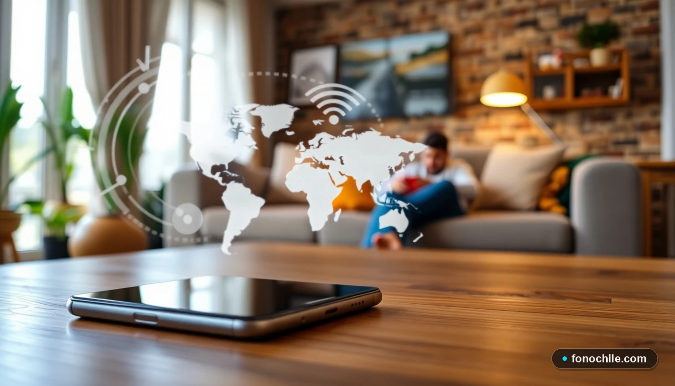 Smartphone mostrando un mapa abstracto de cobertura de red en un hogar chileno.