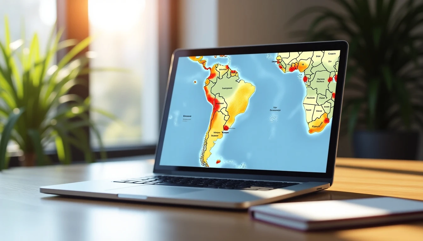 Laptop mostrando el mapa de cobertura de Entel 2026 para verificar la señal en una dirección específica en Chile