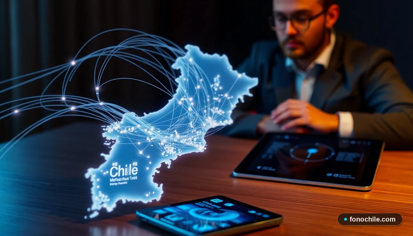 Mapa abstracto de la red de fibra óptica en Chile mostrando cobertura y conexiones entre regiones para el año 2026.