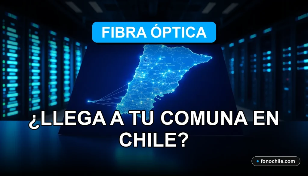 Mapa de cobertura de fibra óptica en Chile mostrando comunas conectadas para el año 2026, con líneas de luz azul sobre un mapa.