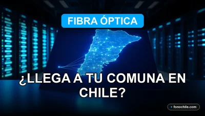 Mapa de cobertura de fibra óptica en Chile mostrando comunas conectadas para el año 2026, con líneas de luz azul sobre un mapa.