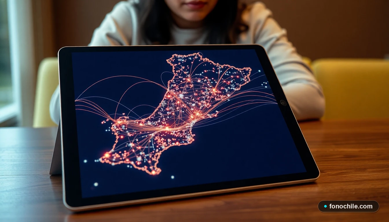 Mapa abstracto de la cobertura de fibra óptica en Chile mostrando la expansión de la red en un dispositivo tablet.