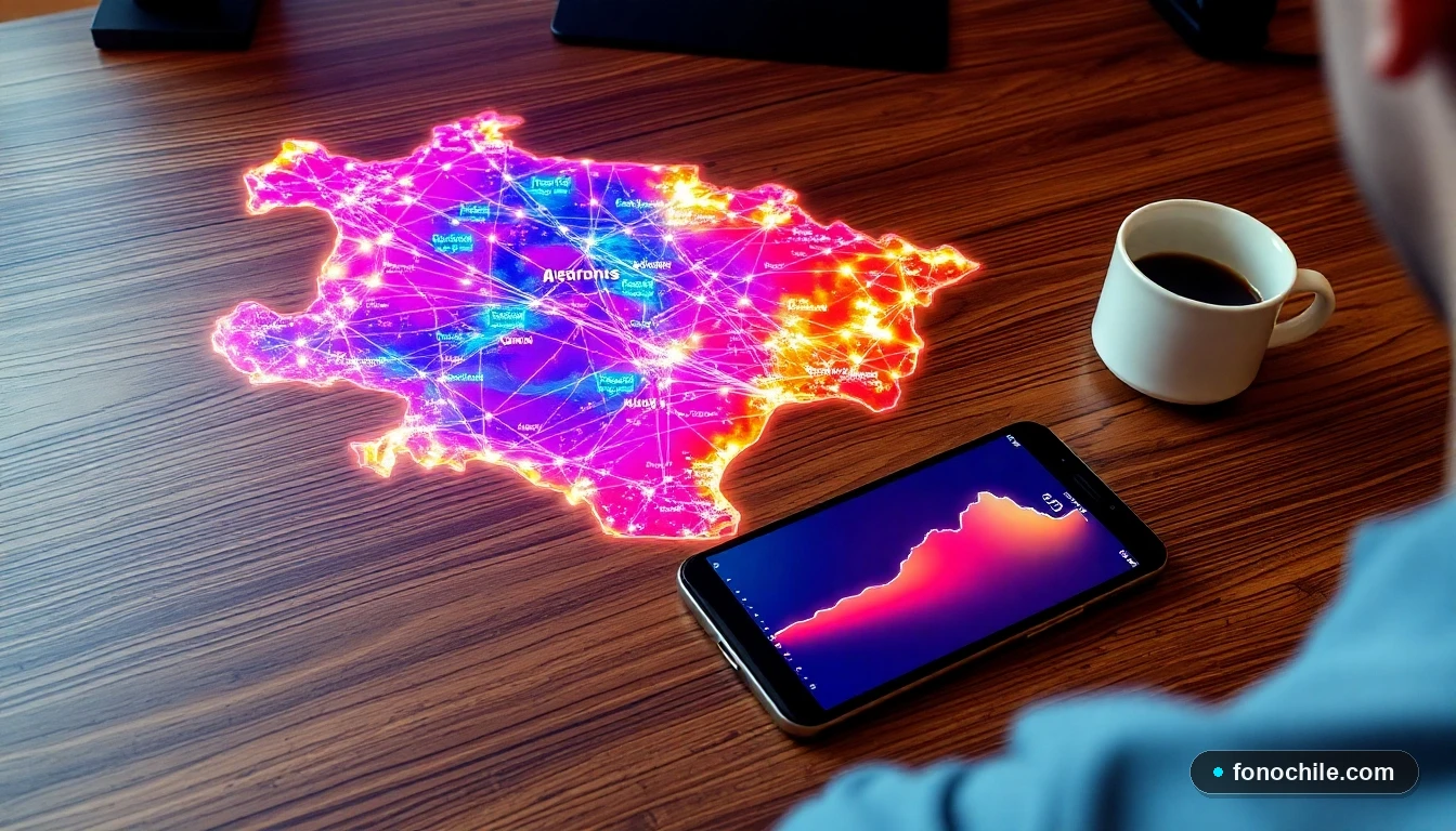 Mapa abstracto de la cobertura de fibra óptica de GTD en Chile mostrando el flujo de datos hacia diferentes regiones.