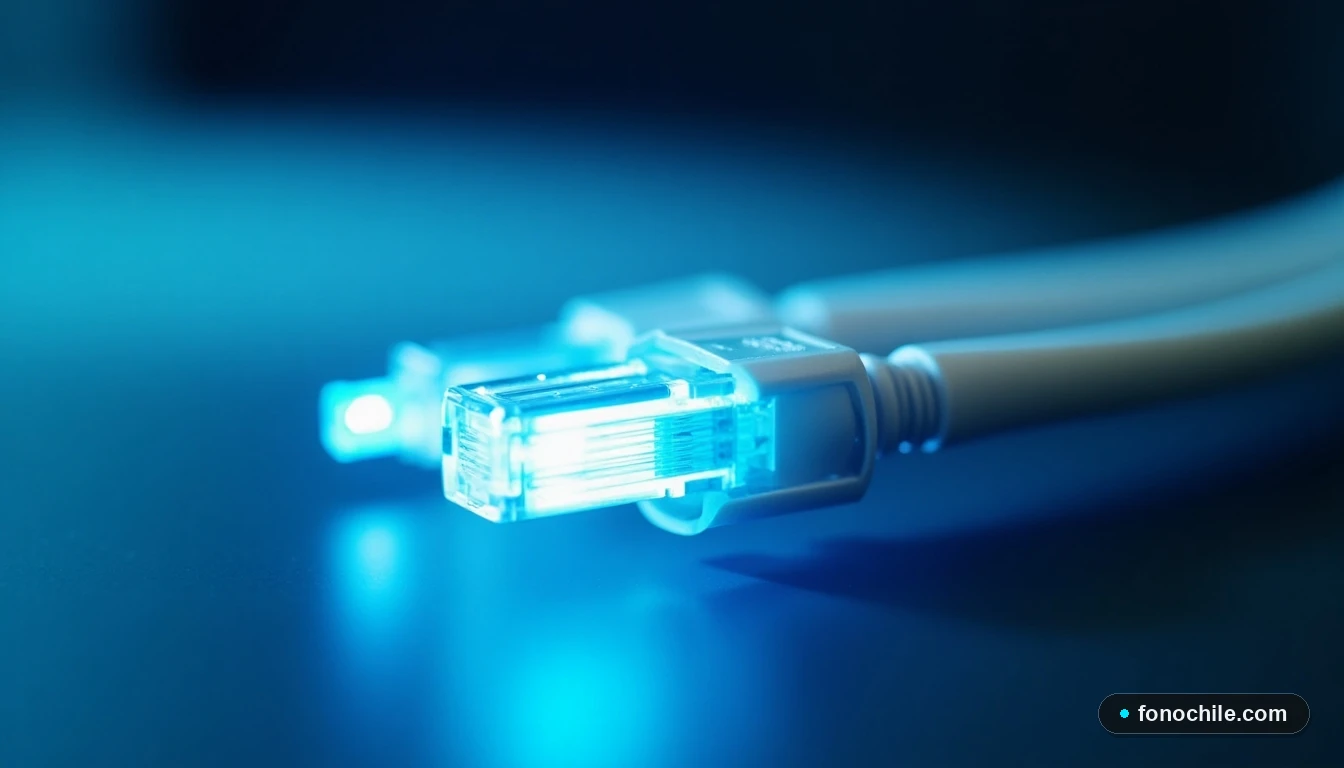 Detalle de cables de fibra óptica GTD con luz azul, representando alta velocidad y tecnología avanzada.