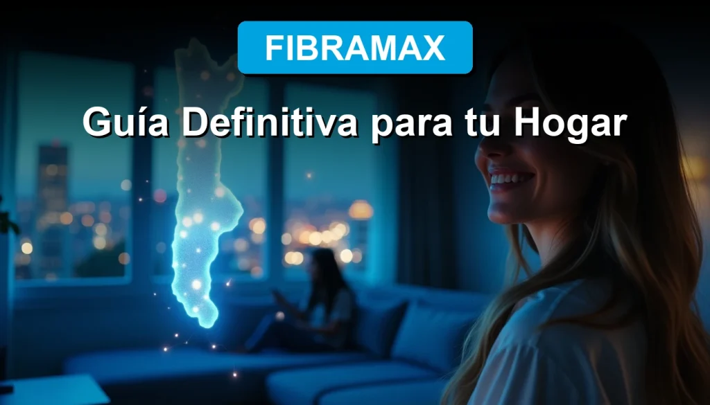 Una mujer sonriente observa una proyección holográfica de un mapa de cobertura de internet de alta velocidad sobre su living moderno en Santiago.