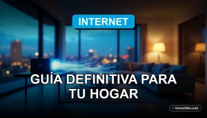 Cobertura de fibra óptica en un hogar moderno en Chile, con líneas de luz azul representando alta velocidad de internet.