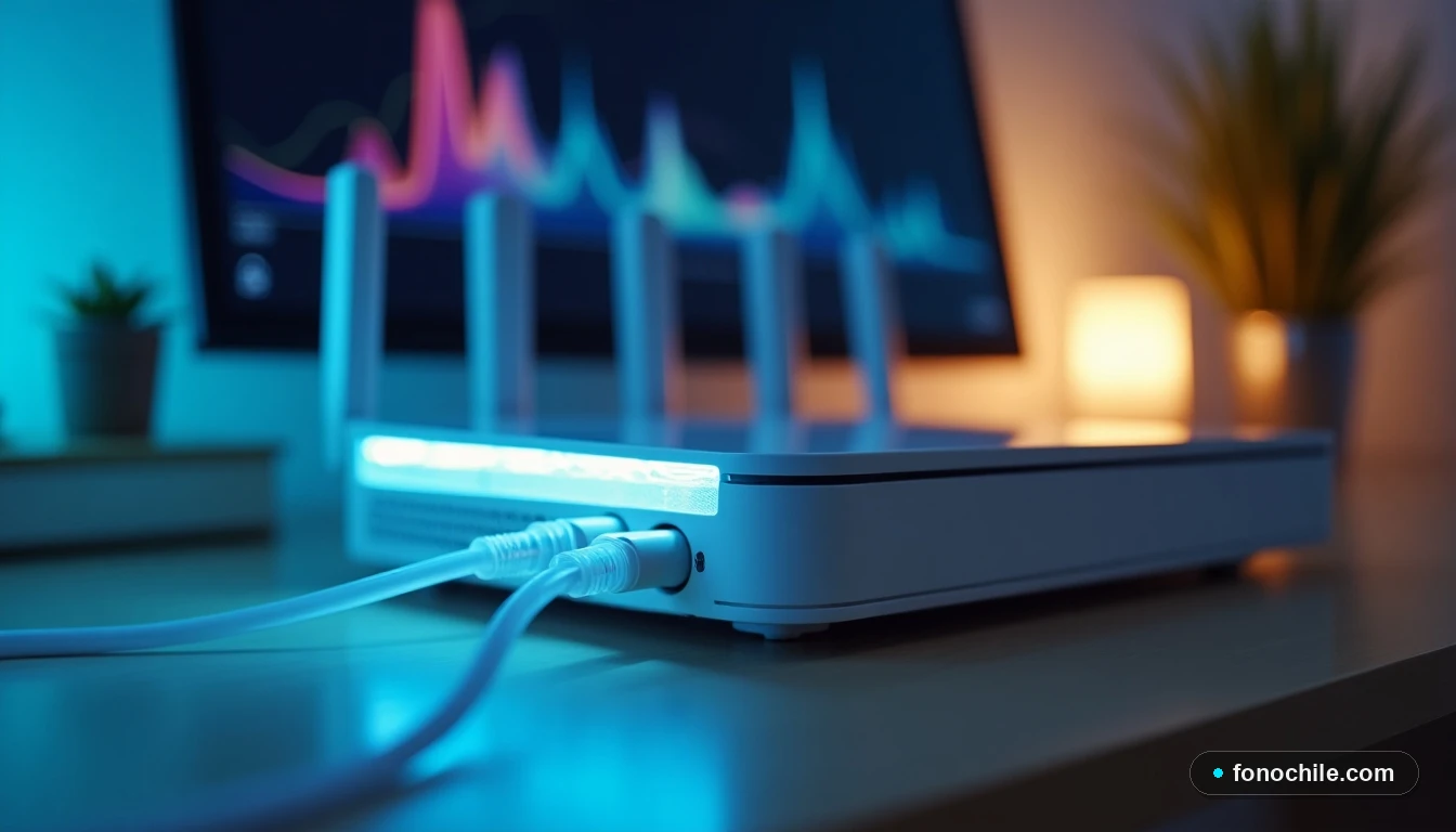 Detalle de router moderno y cable de fibra óptica iluminado en un entorno doméstico chileno.