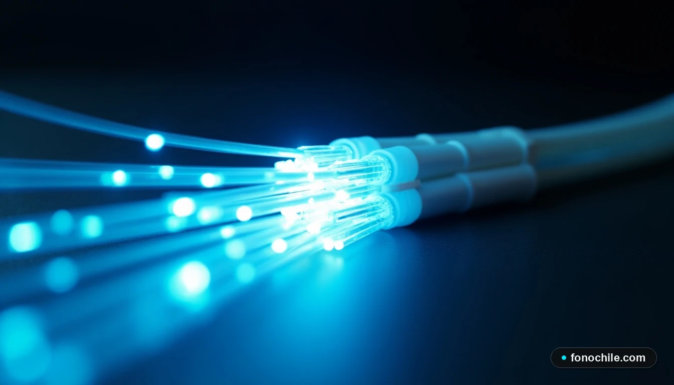 Primer plano de cables de fibra óptica luminiscentes sobre una superficie oscura, representando la infraestructura de alta velocidad.
