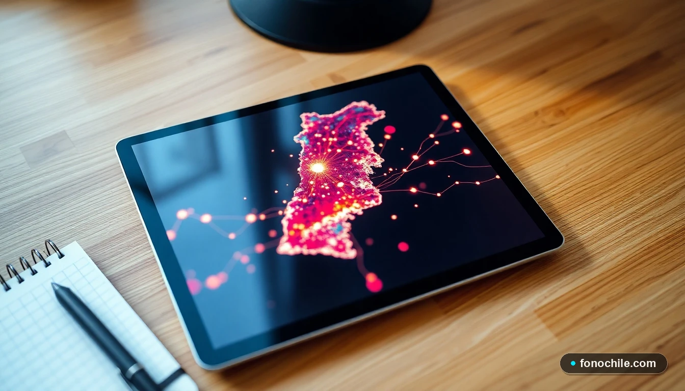 Mapa abstracto de la cobertura de fibra óptica en Chile mostrando nodos y conexiones de red en una tableta.
