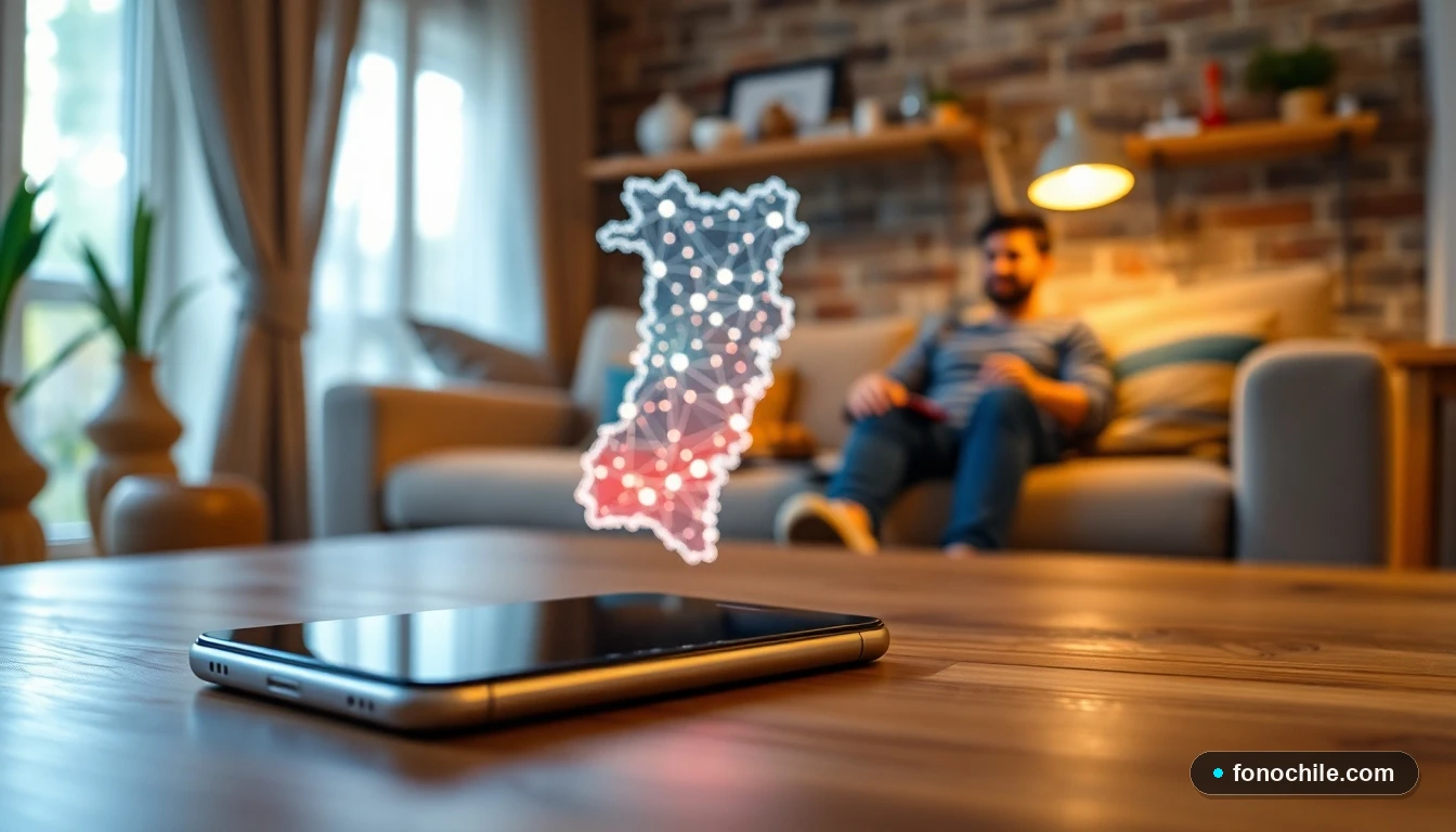 Smartphone mostrando un mapa abstracto de la cobertura de redes móviles en Chile sobre una mesa de madera.
