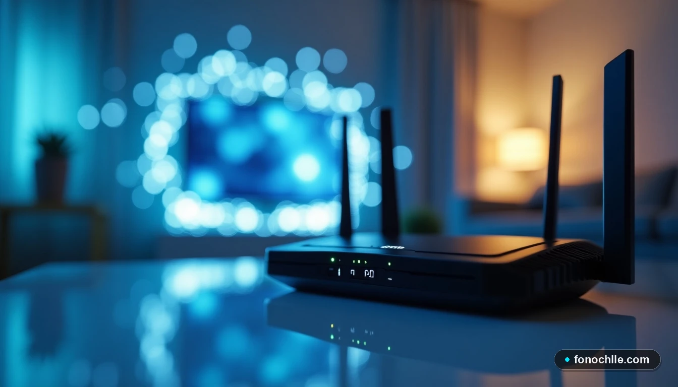 Primer plano de un router moderno de Movistar en una mesa, con LEDs pulsando y fondo desenfocado con haces de luz que representan cobertura 5G y fibra.