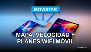 Mapa de cobertura 5G Movistar 2026 y velocidades de WiFi móvil mostrados en una pantalla con gráficos abstractos.