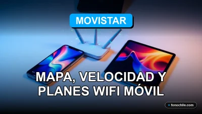 Mapa de cobertura 5G Movistar 2026 y velocidades de WiFi móvil mostrados en una pantalla con gráficos abstractos.