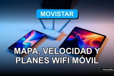 Mapa de cobertura 5G Movistar 2026 y velocidades de WiFi móvil mostrados en una pantalla con gráficos abstractos.