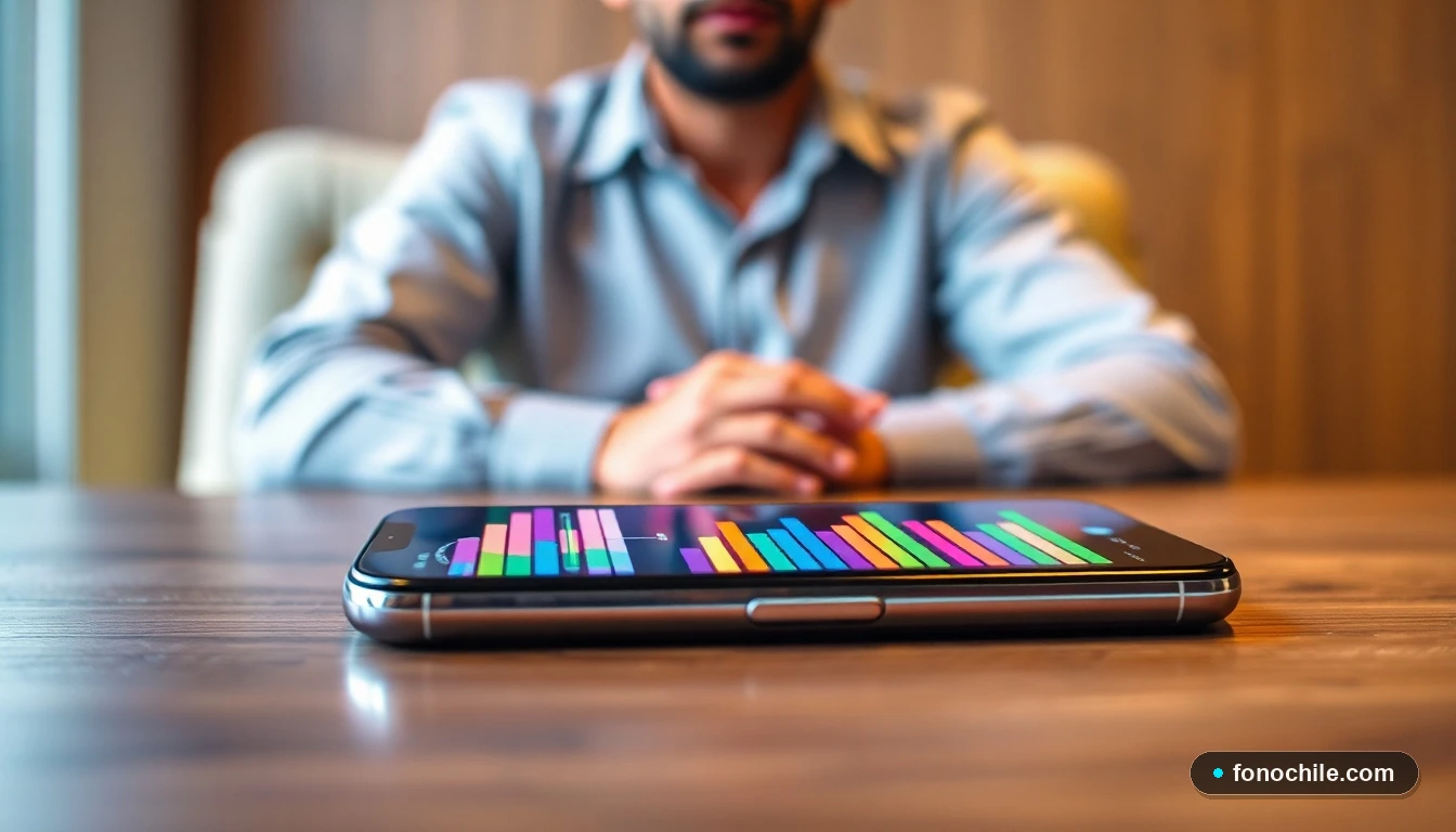 Mapa abstracto de cobertura de red 5G en Chile con un teléfono inteligente mostrando gráficos de señal, sobre un escritorio.