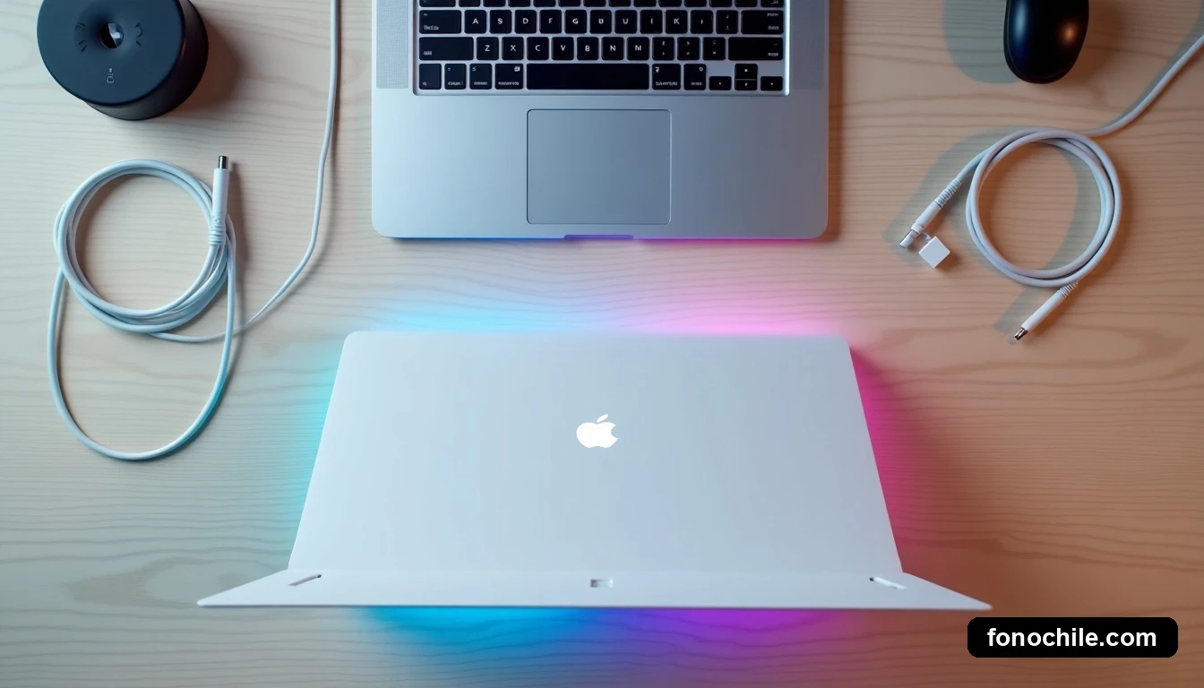 Vista aérea de un escritorio minimalista con un router, una laptop y un cable de fibra óptica con núcleo luminoso, representando un ecosistema de conectividad en el hogar.