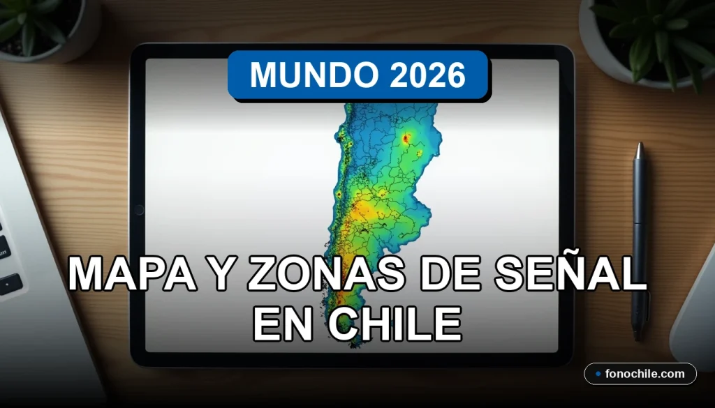 Mapa de cobertura de red móvil en Chile mostrado en una tablet sobre un escritorio moderno