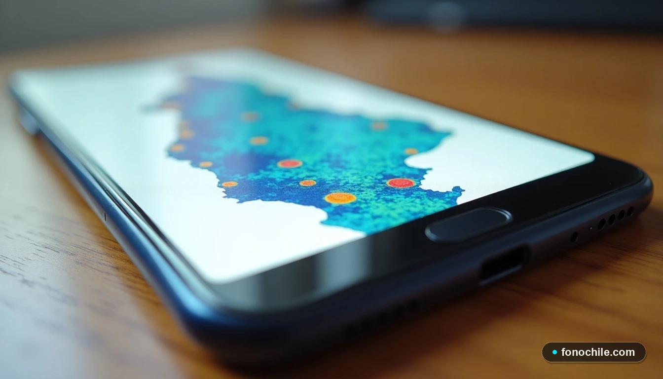 Mapa abstracto de cobertura de red móvil en Chile mostrando intensidad de señal en colores vibrantes, visto en la pantalla de un smartphone.