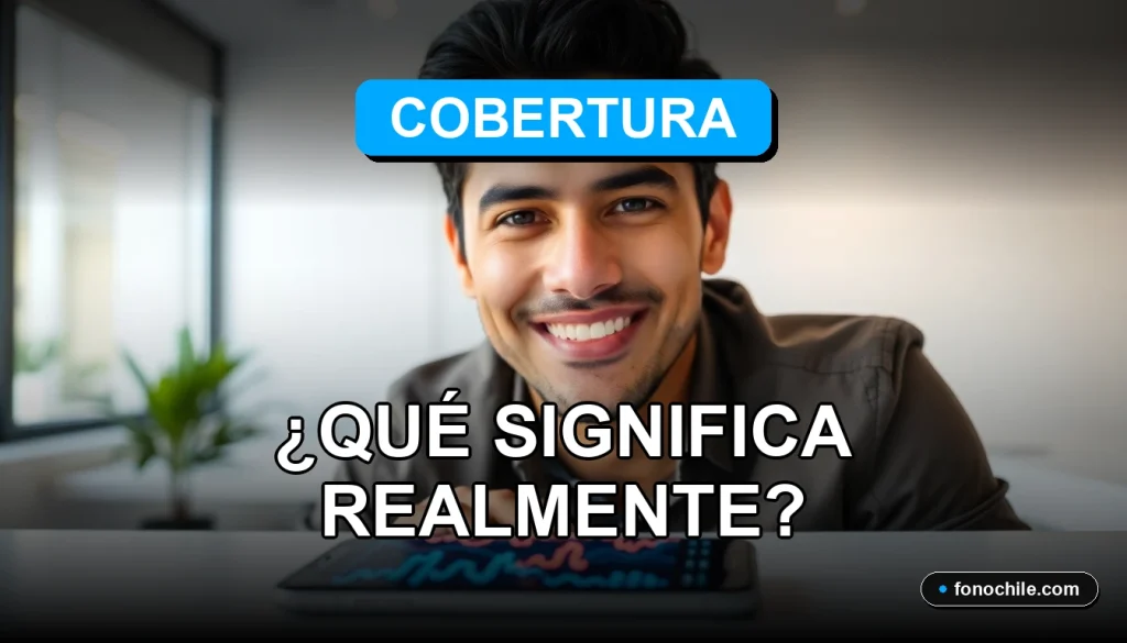 Un hombre hispano sonriendo, representando el servicio al cliente de telecomunicaciones en Chile, con un teléfono inteligente mostrando gráficos abstractos en su escritorio.