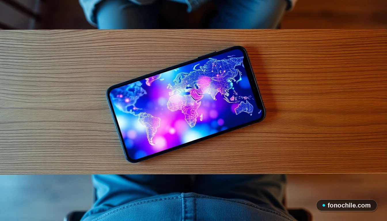 Smartphone mostrando un mapa abstracto de cobertura de red móvil con zonas de color en Chile.