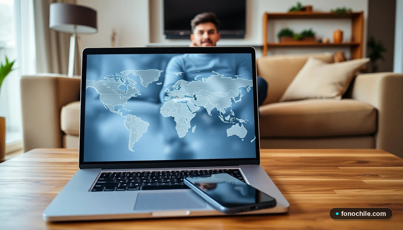 Hombre revisando un mapa de cobertura de internet en su laptop y celular en el living de su casa.