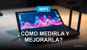 Medidor de cobertura WiFi y router moderno en una mesa de trabajo, mostrando gráficos de red abstractos en su pantalla.