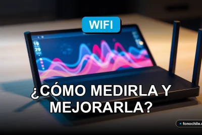 Medidor de cobertura WiFi y router moderno en una mesa de trabajo, mostrando gráficos de red abstractos en su pantalla.