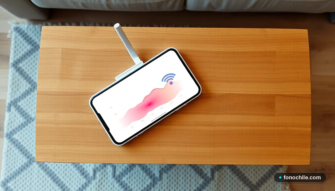 Smartphone mostrando un gráfico de intensidad de señal WiFi en una mesa, concepto de medición de cobertura en el hogar.
