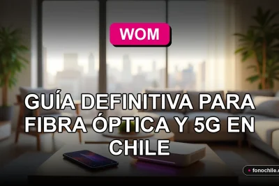 Un router moderno WOM y un teléfono inteligente con pantalla que muestra gráficos abstractos, sobre una mesa de madera clara, representando cobertura de fibra óptica y 5G.