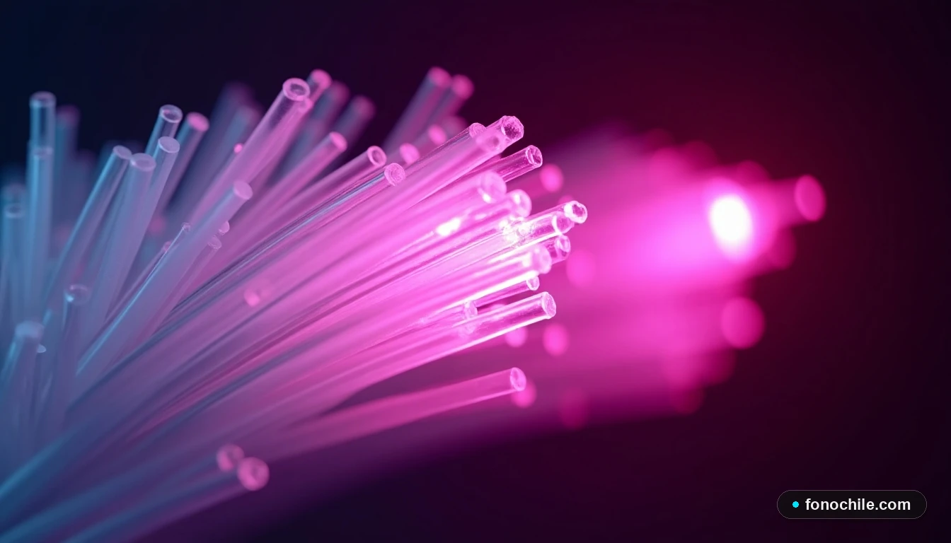 Primer plano artístico de un haz de cables de fibra óptica iluminados desde dentro con luz magenta, representando la velocidad y tecnología de la red.