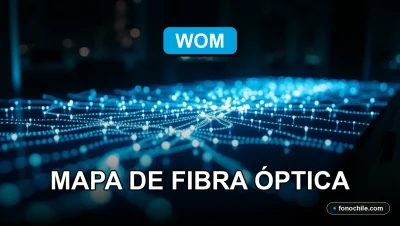 Mapa de cobertura de fibra óptica WOM 2026 mostrando una red digital luminosa sobre una mesa de diseño moderna.