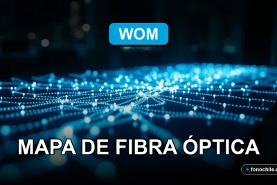 Mapa de cobertura de fibra óptica WOM 2026 mostrando una red digital luminosa sobre una mesa de diseño moderna.