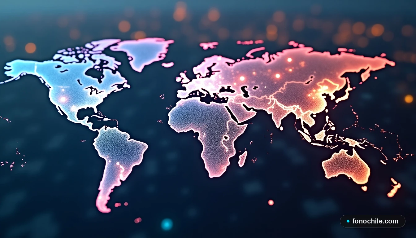 Mapa abstracto y colorido que representa la red de cobertura de fibra óptica sobre una ciudad chilena.