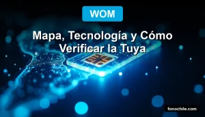 Una tarjeta SIM de WOM 2026 sobre un mapa digital de Chile, mostrando cobertura 5G