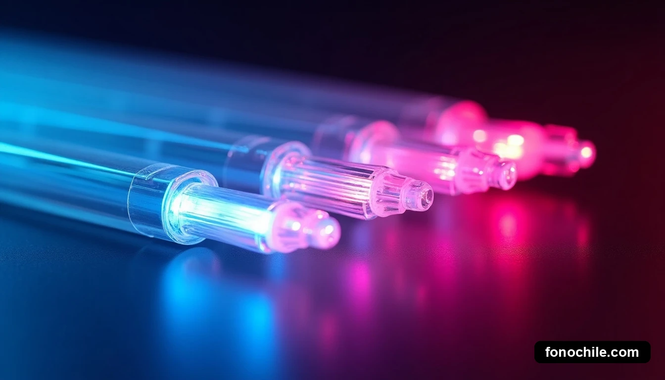 Primer plano de cables de fibra óptica de WOM iluminados, representando velocidad y tecnología de red.