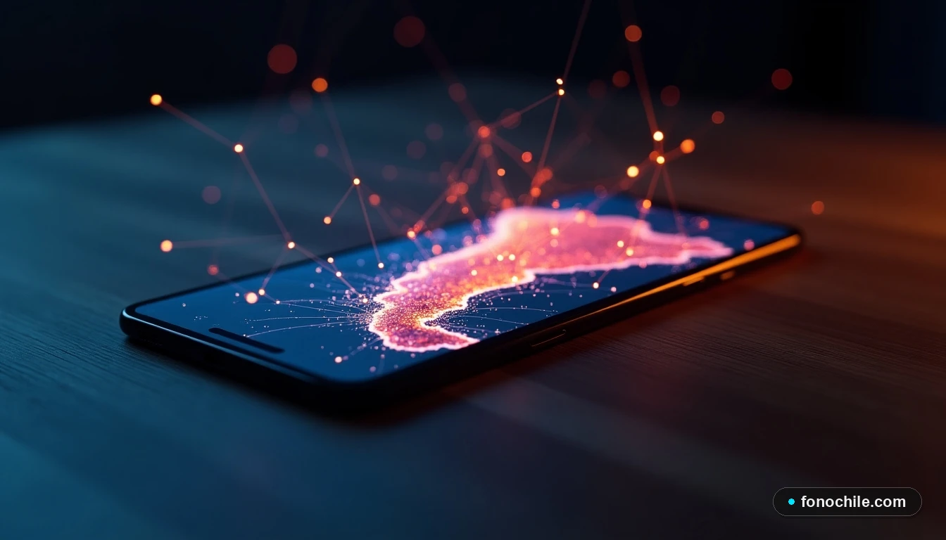 Mapa abstracto de la cobertura de red en Chile con puntos de conexión luminosos sobre dispositivos móviles.