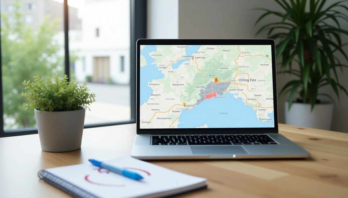 Verificación de cobertura de internet WOM en laptop y escritorio moderno