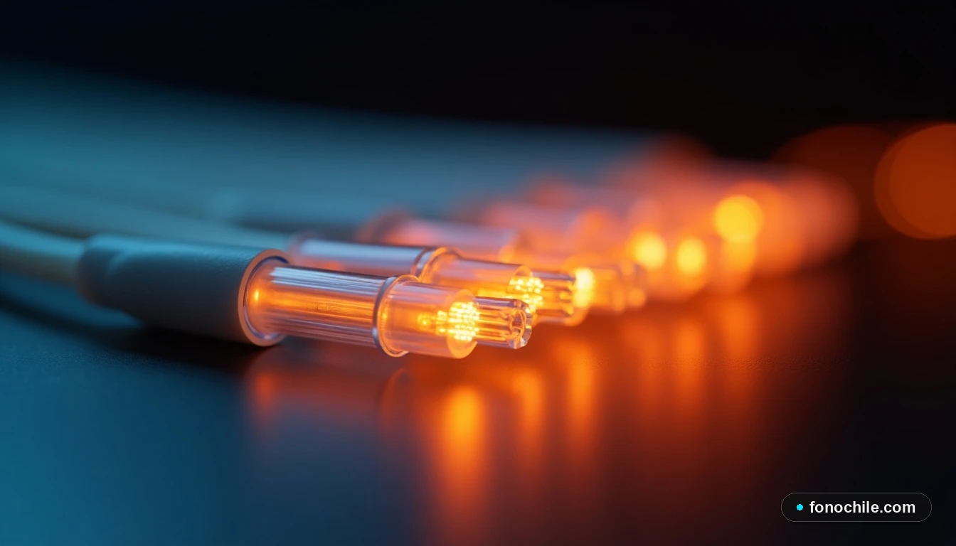 Detalle abstracto de cables de fibra óptica de WOM con núcleo luminoso naranja, representando alta velocidad y cobertura.