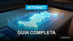 Mapa de cobertura de internet 5G y fibra óptica en Chile sobre una mesa de diseño moderno, con gráficos abstractos de datos.