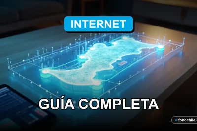 Mapa de cobertura de internet 5G y fibra óptica en Chile sobre una mesa de diseño moderno, con gráficos abstractos de datos.