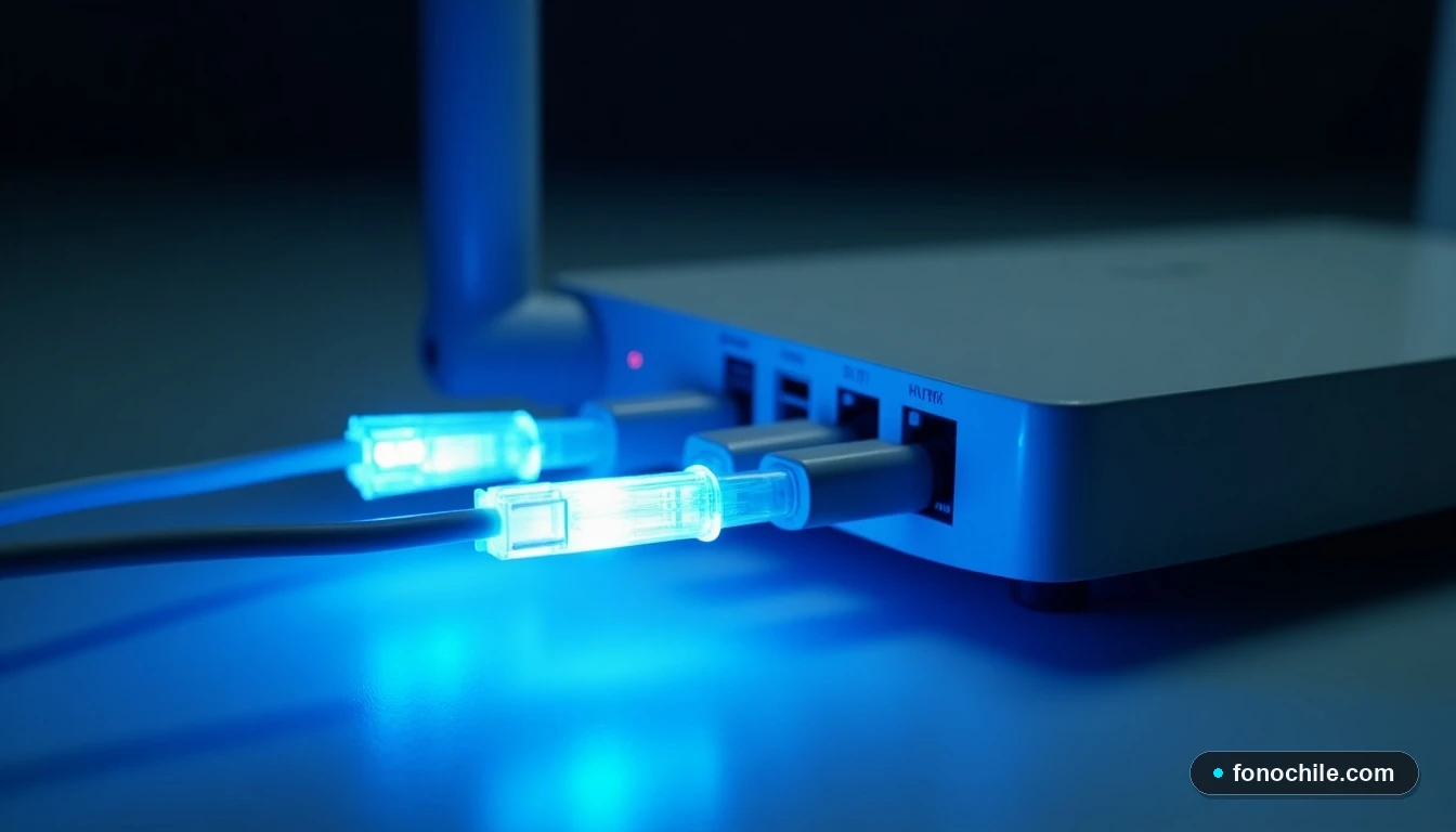Detalle de cables de fibra óptica iluminados conectados a un router moderno, simbolizando alta velocidad y cobertura.