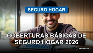 Un seguro de hogar moderno protege una vivienda familiar, representado por una póliza digital y una llave sobre una mesa, con gráficos abstractos en una tablet de fondo.