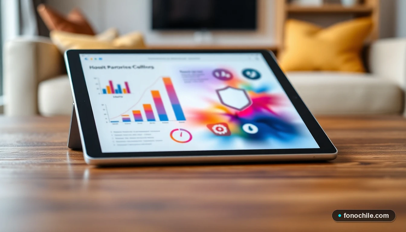 Infografía abstracta y colorida que explica las coberturas esenciales de un seguro para el hogar en una tablet.