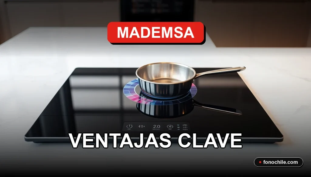 Cocina de inducción moderna Mademsa 2026 sobre encimera de mármol, con sartén y gráficos de calor abstractos en pantalla táctil.