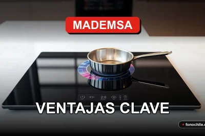 Cocina de inducción moderna Mademsa 2026 sobre encimera de mármol, con sartén y gráficos de calor abstractos en pantalla táctil.