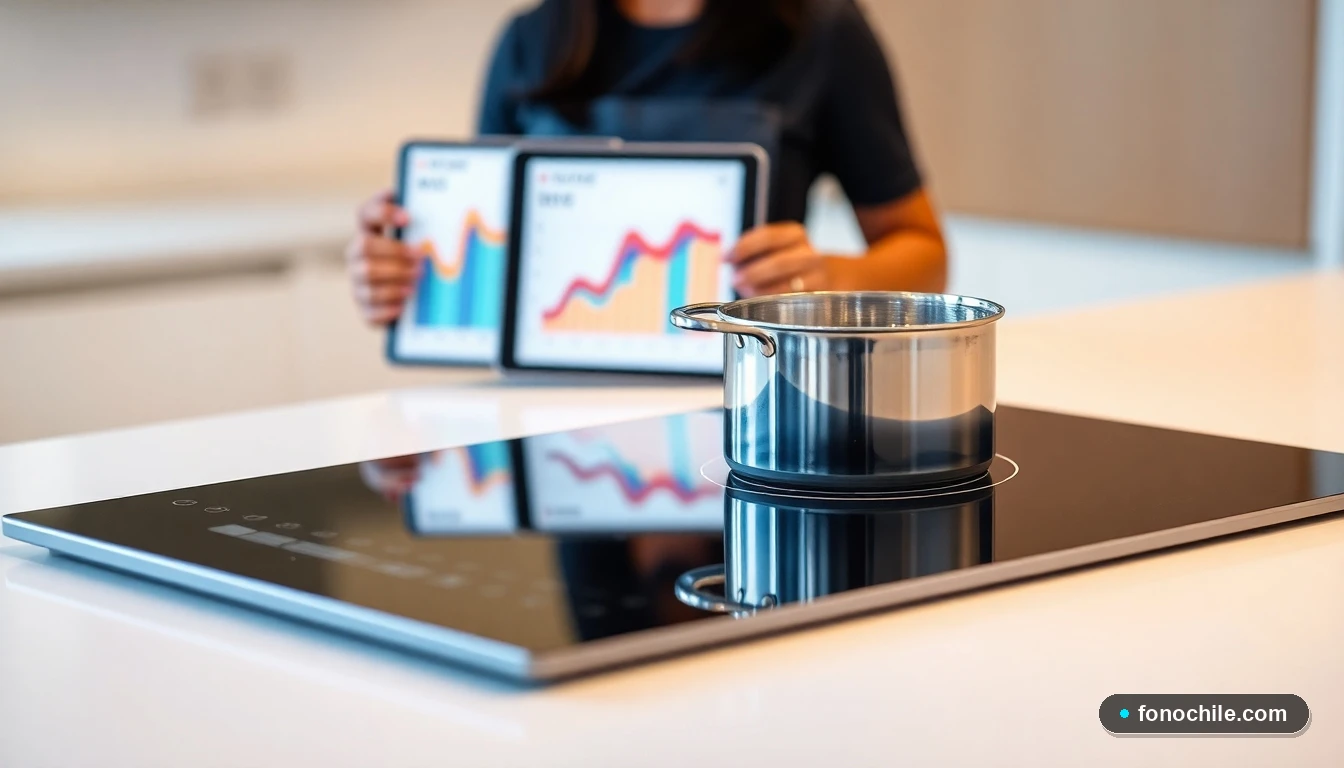 Cocina de inducción moderna en uso, hirviendo agua rápidamente, con gráficos de eficiencia energética de fondo.