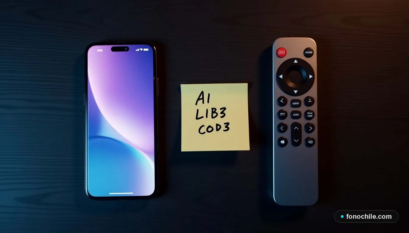 Primer plano aéreo de un teléfono inteligente, un control remoto y un código de activación escrito a mano para Prime Video MyTV.