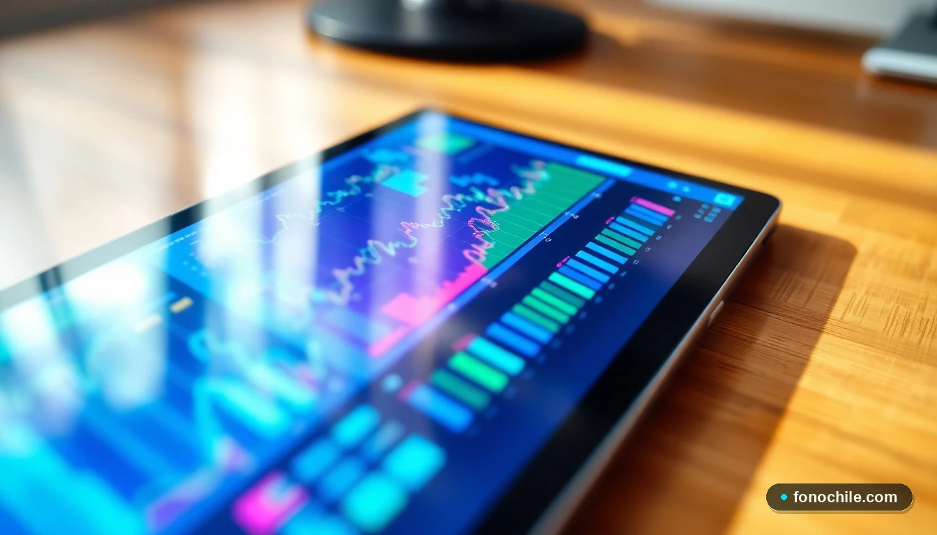 Visualización abstracta de datos de consumo móvil y saldo en una tablet sobre una mesa de madera.
